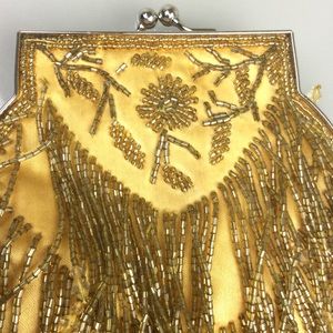 Vintage Beaded Embroidered Purse Clutch Evening Bag Floral Gold